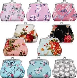 10 Packs Floral Women Coin Purse Small Vintage Coin Purses Pouches Cute Canvas Change Wallets for Women Kiss Lock Pouch Japanese Flower Change Wallets