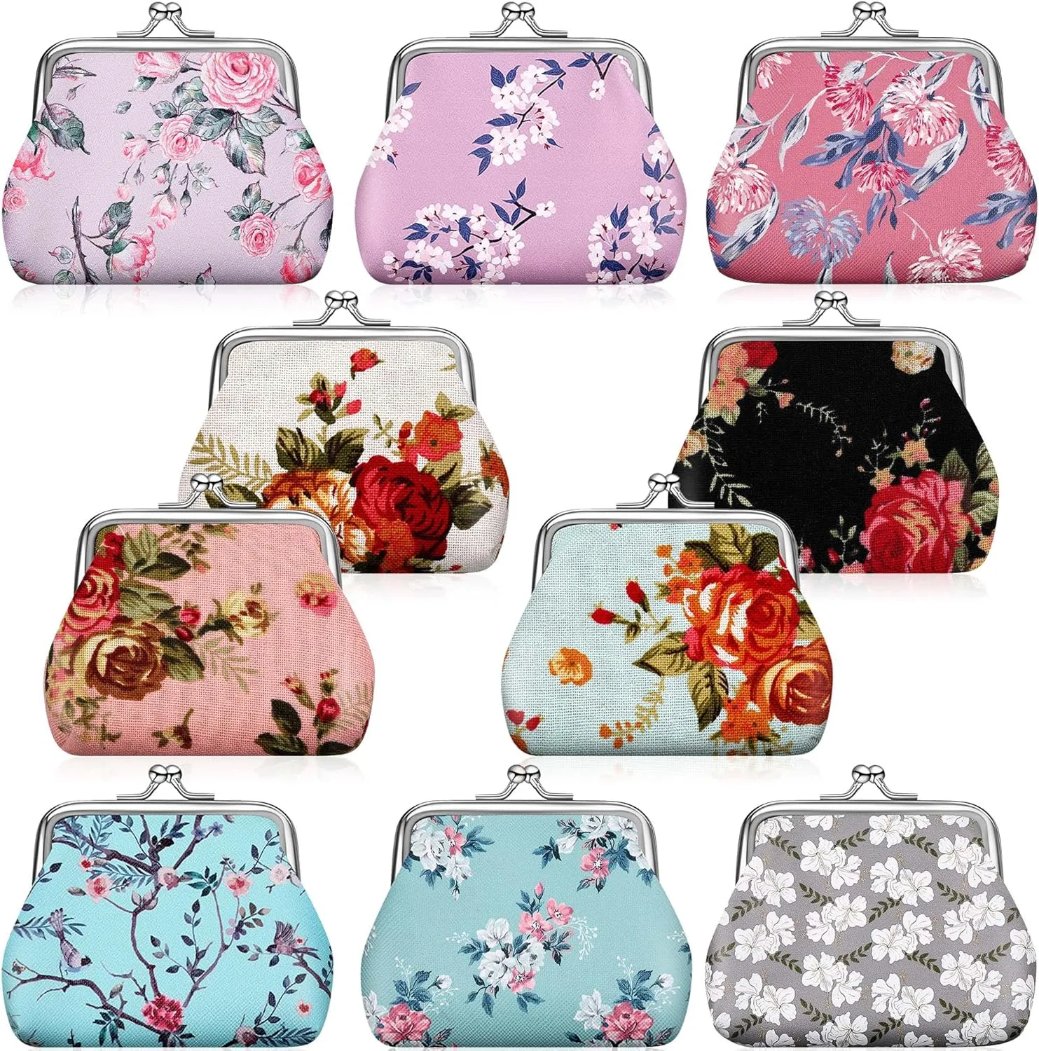 10 Packs Floral Women Coin Purse Small Vintage Coin Purses Pouches Cute Canvas Change Wallets for Women Kiss Lock Pouch Japanese Flower Change Wallets