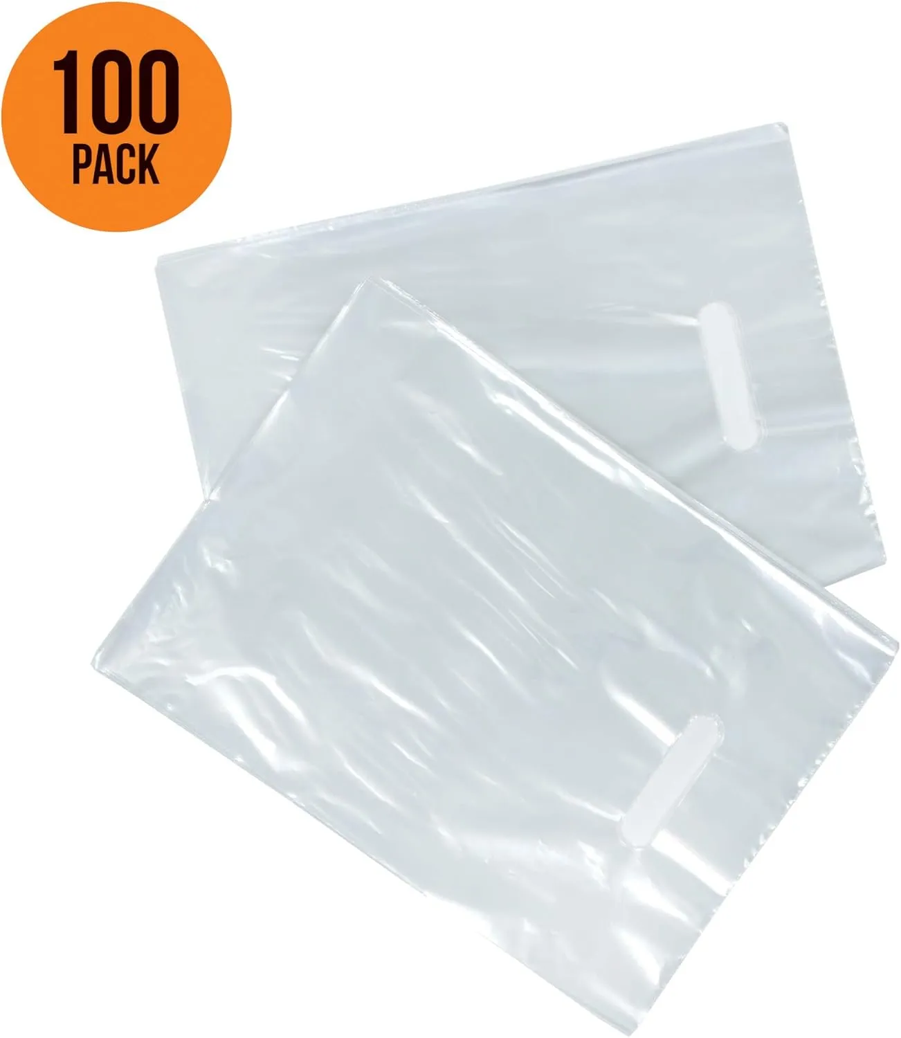 100 Clear Plastic Bags with Handles - 12"x15" Glossy Retail Shopping Bags for Small Business, Boutique, Gift and Trade Show