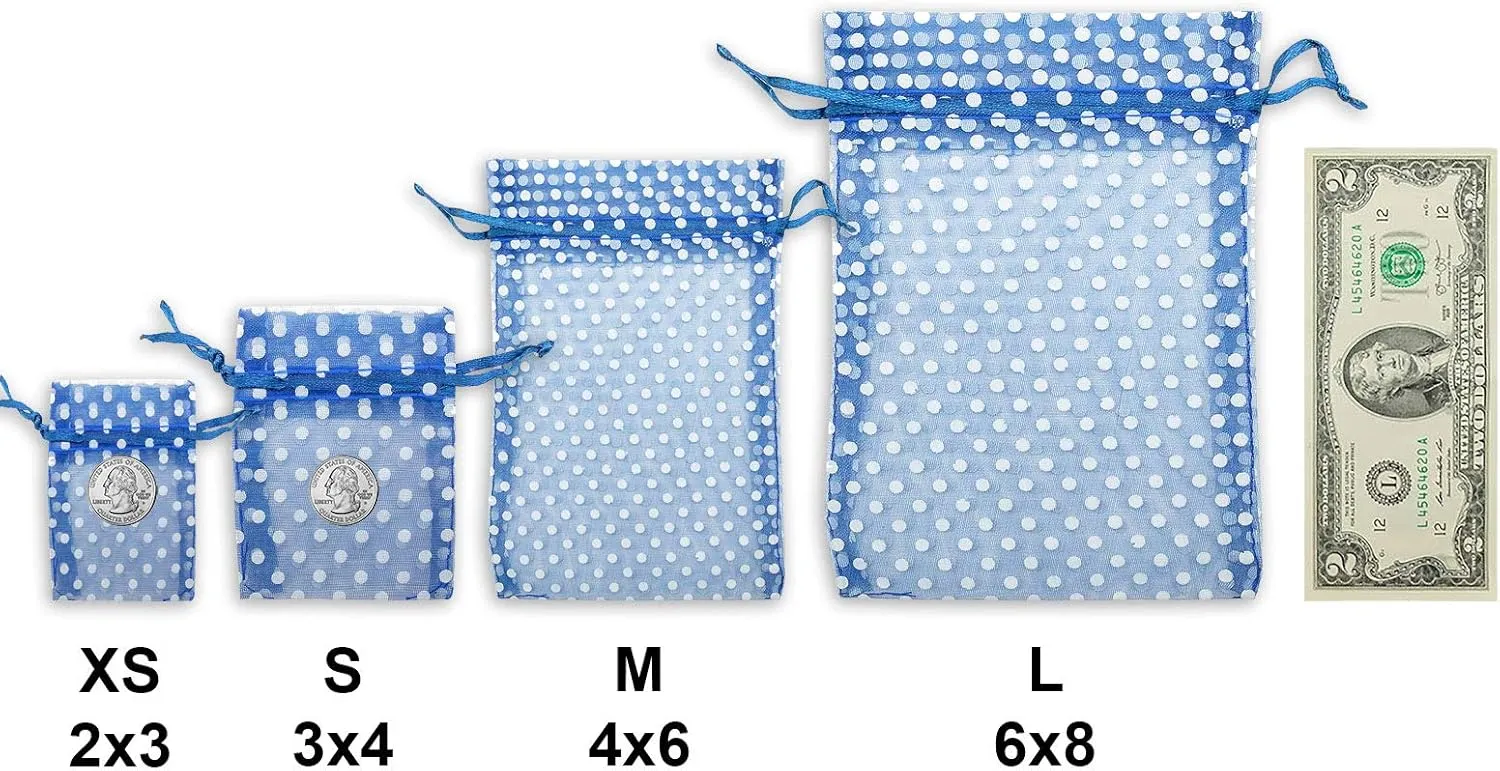 100-Pack 6x8 in Sheer Organza Gift Bags with Drawstring (Large) - Polka Dot (Navy/White) - for Wedding Party Favors, Treats Mesh Pouch by The Display Guys