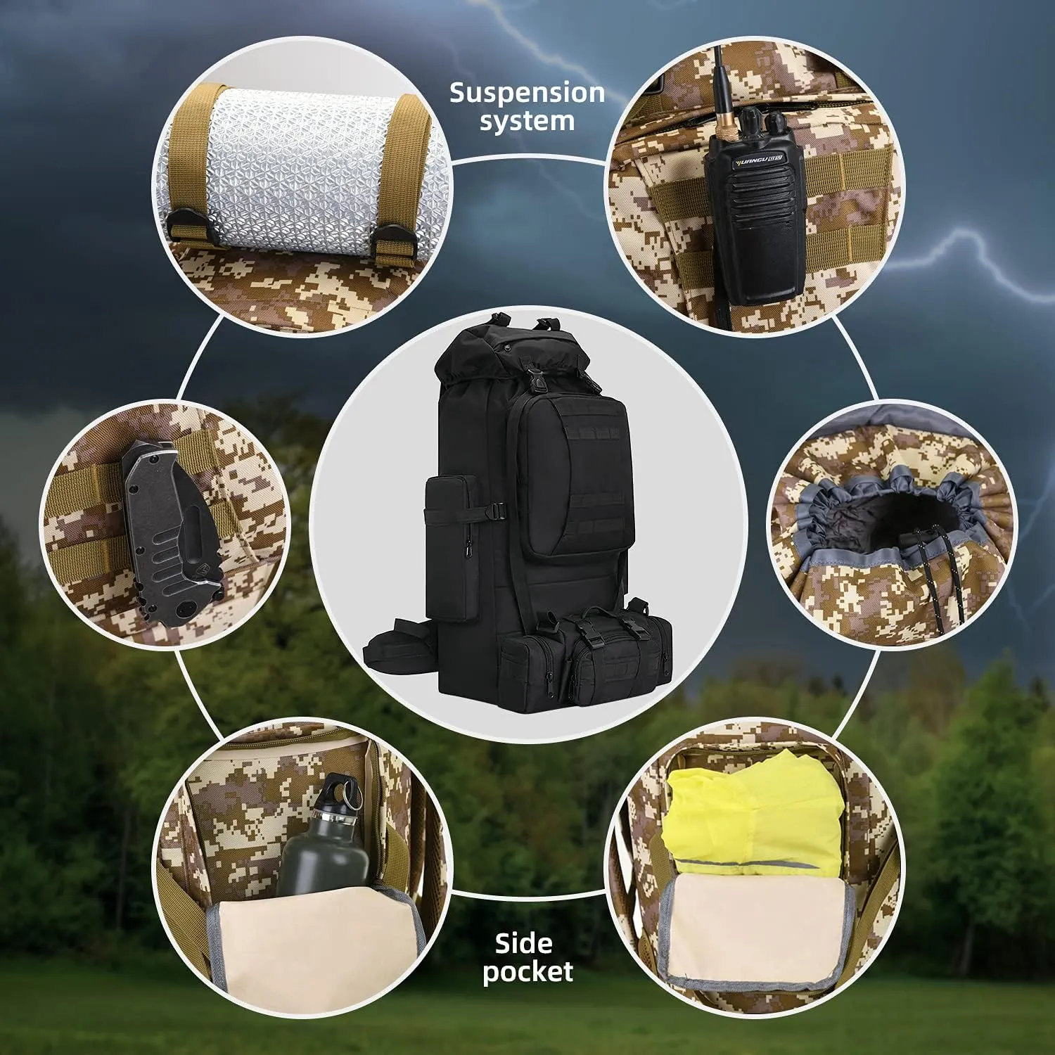 100L Camping Hiking Backpack,Molle military Tactical rucksack backpack,Waterproof Lightweight Hiking Backpack (Black-C)