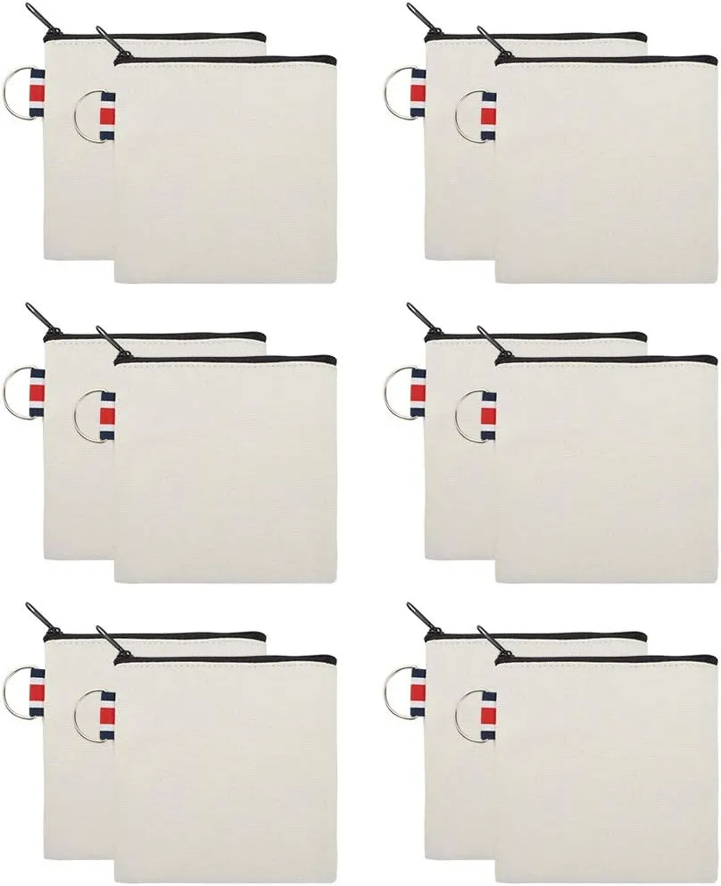 12-Pack Canvas Coin Purses, Square DIY Small Zipper Pouches, 4-1/4 x 4-1/4 Inch (Natural)