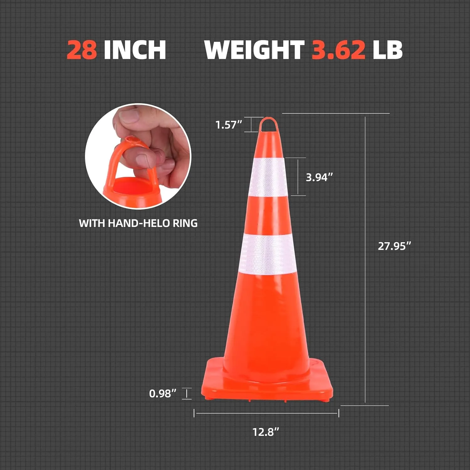 12 Pack Traffic Safety Cones 28inch with Hand-Held Ring,2 Reflective Collars PVC Orange Construction Cones for Parking Lot,Home Road Use,Construction Events,Driving Training