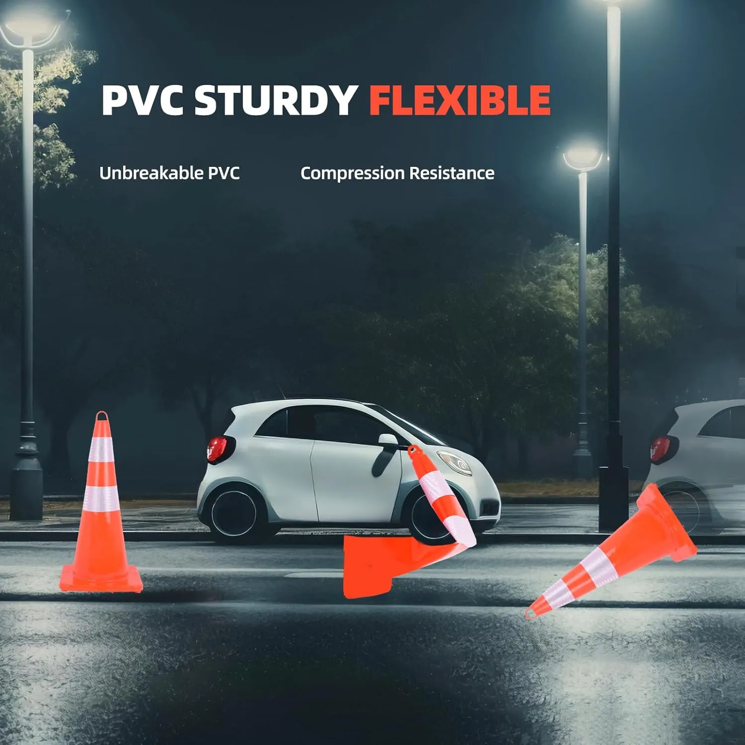12 Pack Traffic Safety Cones 28inch with Hand-Held Ring,2 Reflective Collars PVC Orange Construction Cones for Parking Lot,Home Road Use,Construction Events,Driving Training