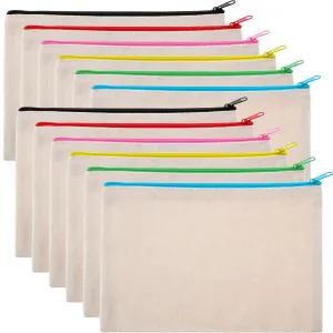 12 Pieces Canvas Makeup Bag Cosmetic Pouches with Zipper Blank Canvas Bag Pencil Pouch Travel Toiletry Bag Plain Bag for Women DIY
