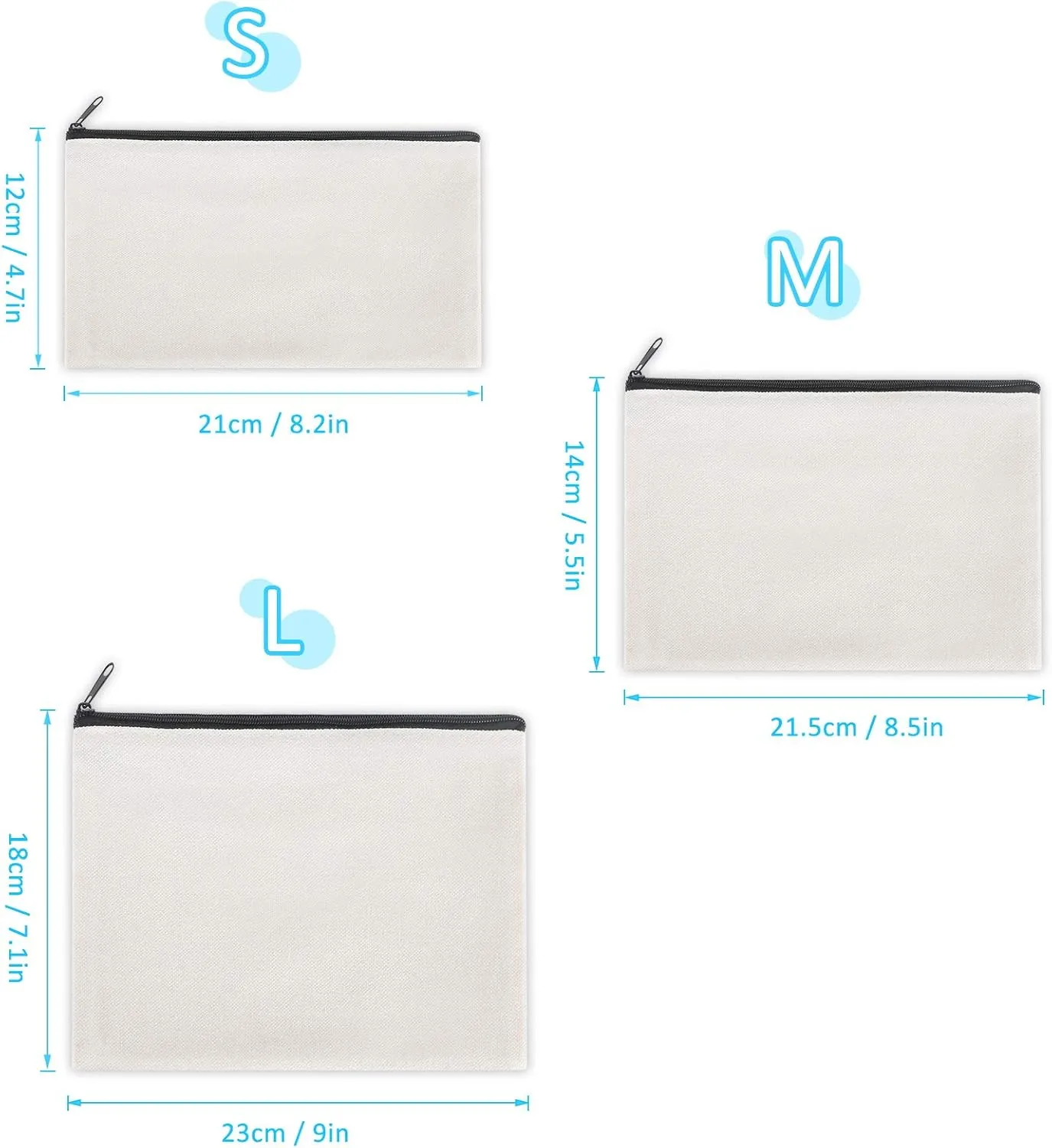 12 Pieces White Cotton Canvas Makeup Bag, Multipurpose Cosmetic Bag with Zipper Travel Toiletry Pouch, Blank DIY Craft Bag (White, M)
