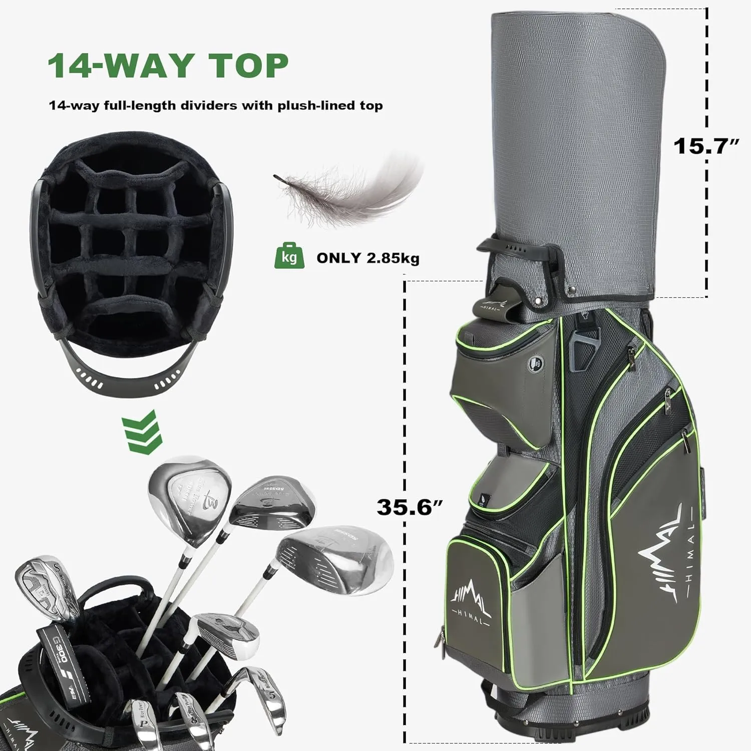 14-Way Golf Cart Bag with Full Length Divider, Premium PU Leather Golf Bag with Plush Top, Magnetic Pocket and Rain Cover for Men