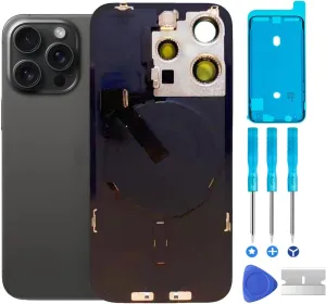 15 Pro Back Glass Replacement & with Plate & Flex Cable and All Parts, Waterproof and Camera Lens for iPhone 15 Pro   Repair Tools(Black)