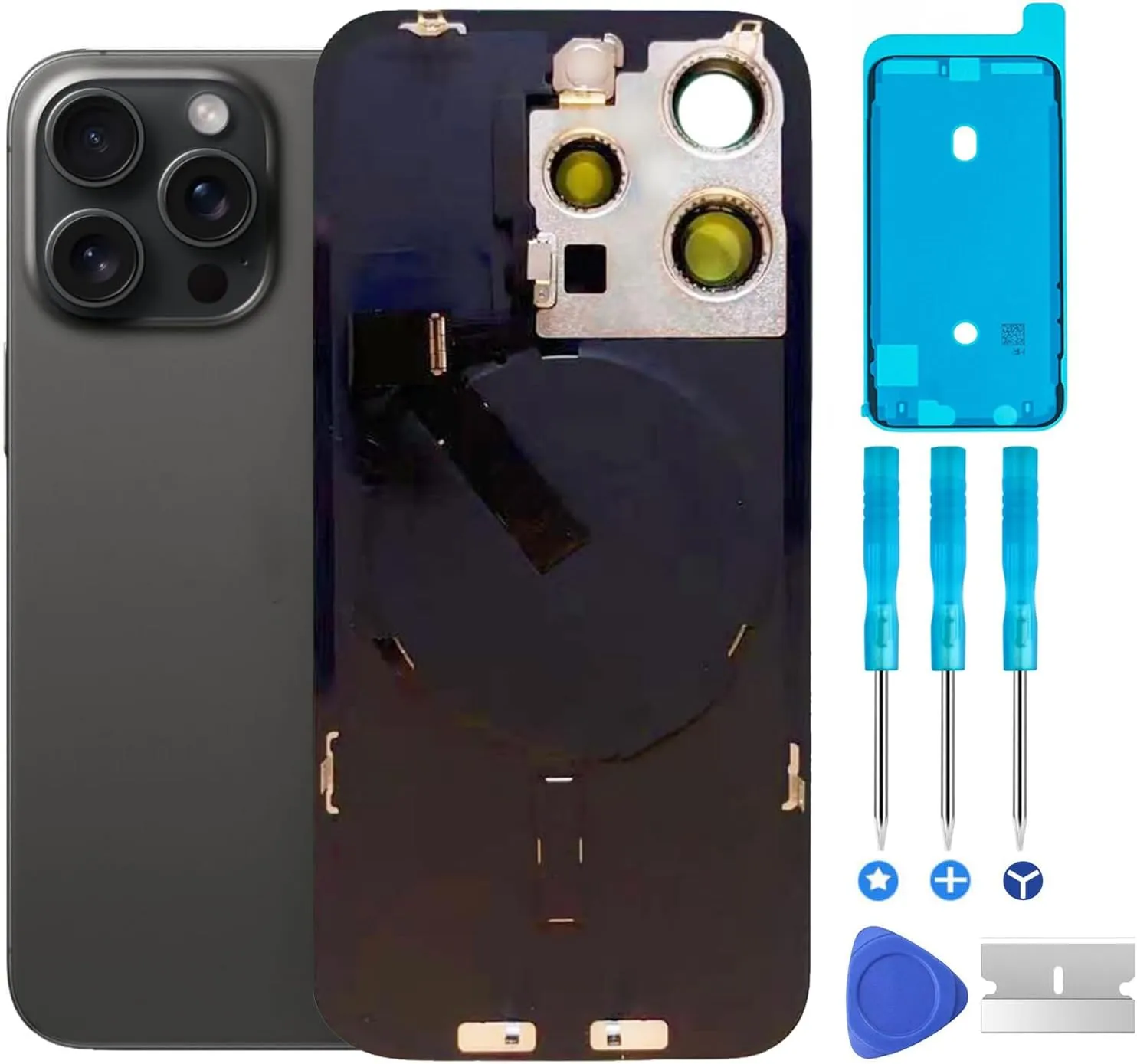 15 Pro Back Glass Replacement & with Plate & Flex Cable and All Parts, Waterproof and Camera Lens for iPhone 15 Pro   Repair Tools(Black)