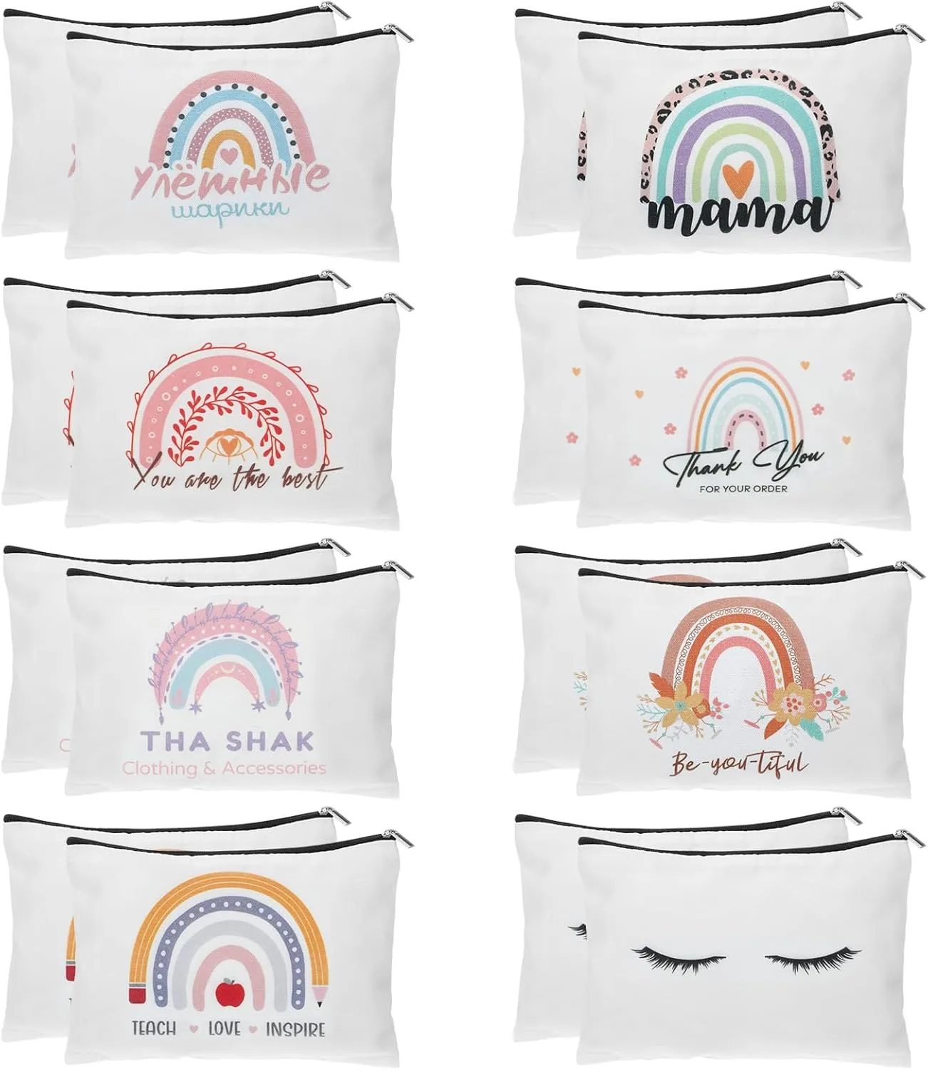 16 Packs Makeup Bags Bulk Travel Funny Canvas Make Up Bag Multicolor Inspirational Cosmetic Pouch Personalized Encouragement Rainbow Toiletry Pouches with Zippers for Women Gift Teacher Friend