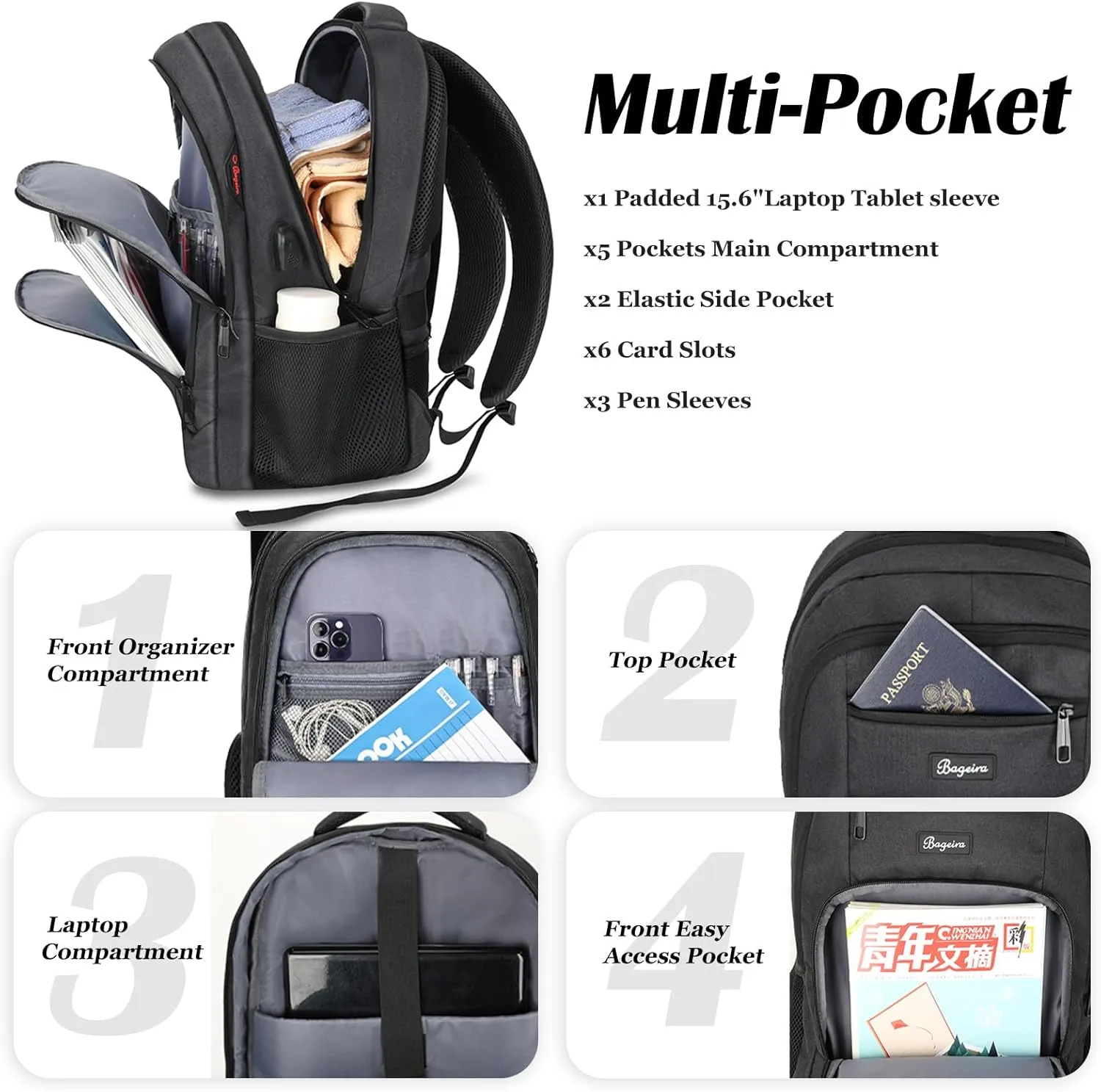 17.3 Inch Laptop Backpack, School Backpacks for teen boys, College High School Backpack. Travel Backpacks with usb Charging Port for Women Men. Anti-theft Waterproof Work Bookbags, Black