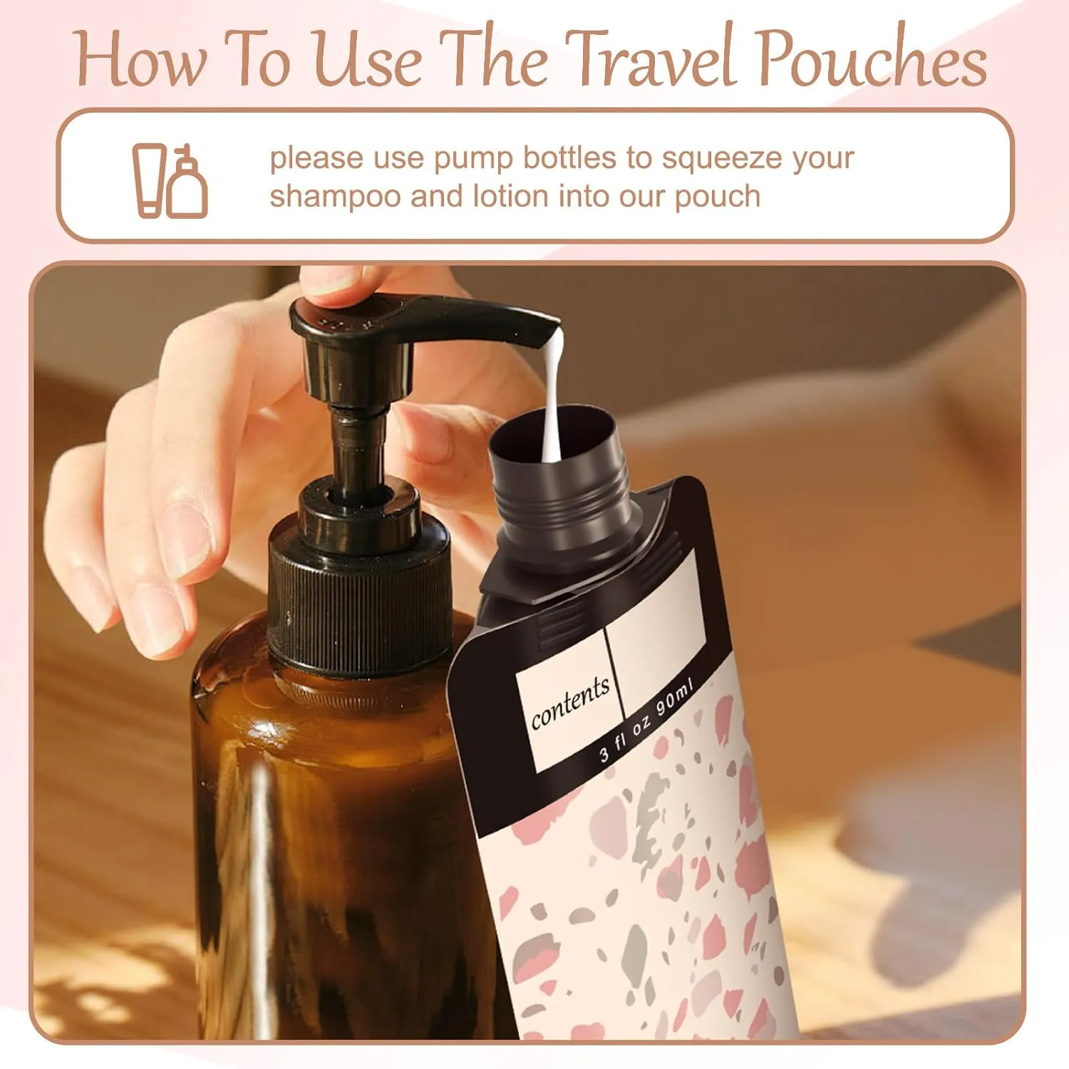 18 Pack Travel Pouches for Toiletries, TSA Approved Travel Pouches for Liquids,Travel Shampoo and Conditioner Pouches,Leak Proof 3oz Travel Squeeze Pouches(Pink)