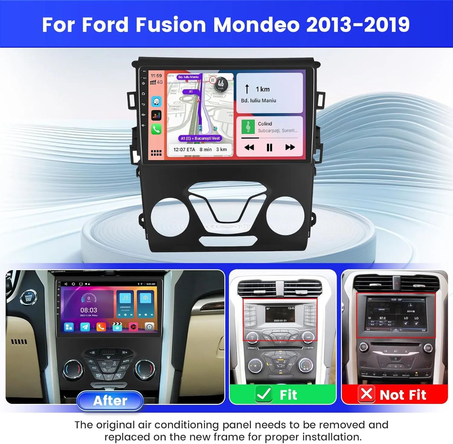 2 64G Android 13 Car Stereo Radio for Ford Fusion Mondeo 2013-2019, 9'' HD Touch Screen Compatible with CarPlay Android Auto, AHD Backup Camera, Mirror Link, GPS, WiFi, DSP