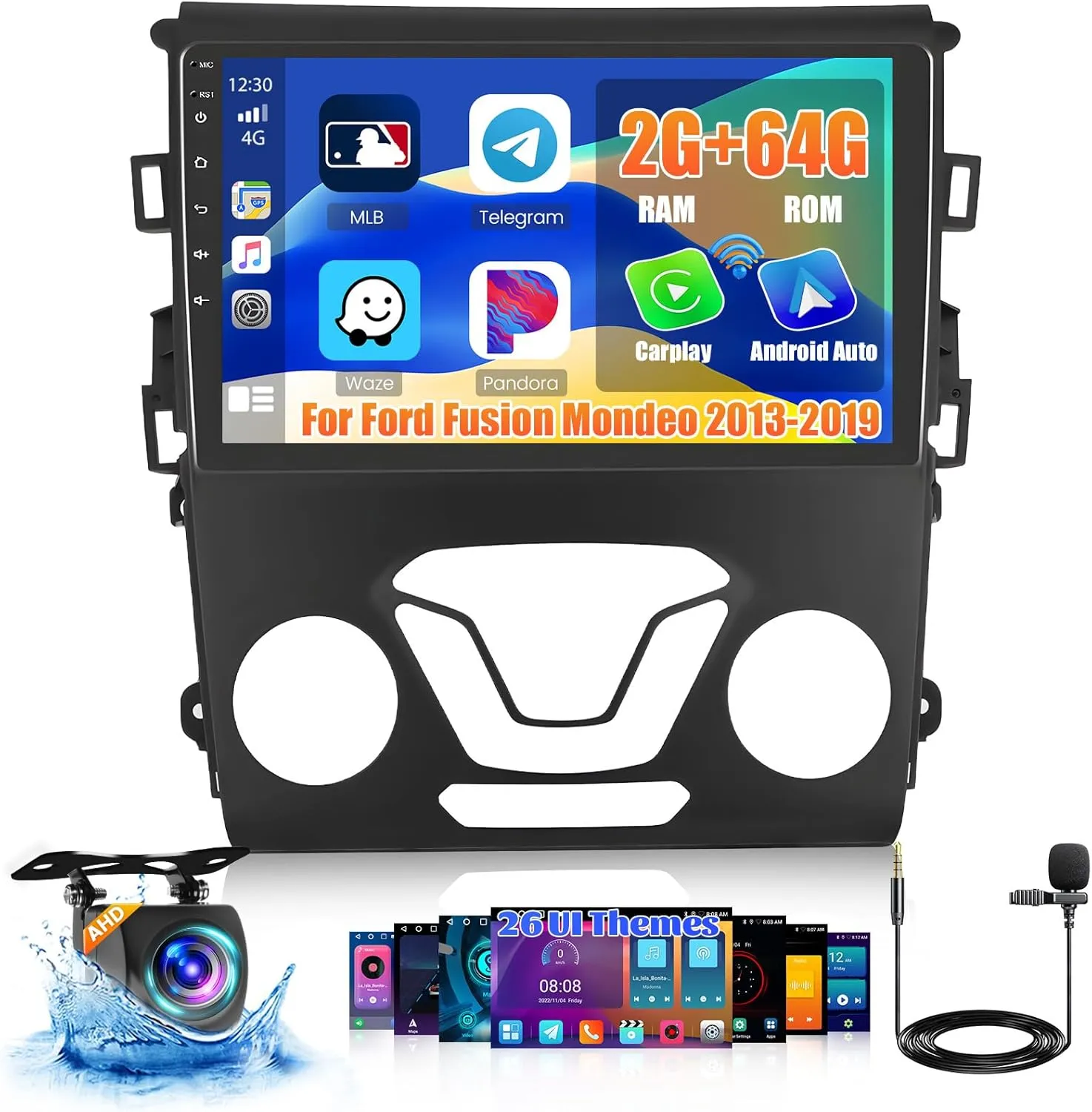 2 64G Android 13 Car Stereo Radio for Ford Fusion Mondeo 2013-2019, 9'' HD Touch Screen Compatible with CarPlay Android Auto, AHD Backup Camera, Mirror Link, GPS, WiFi, DSP