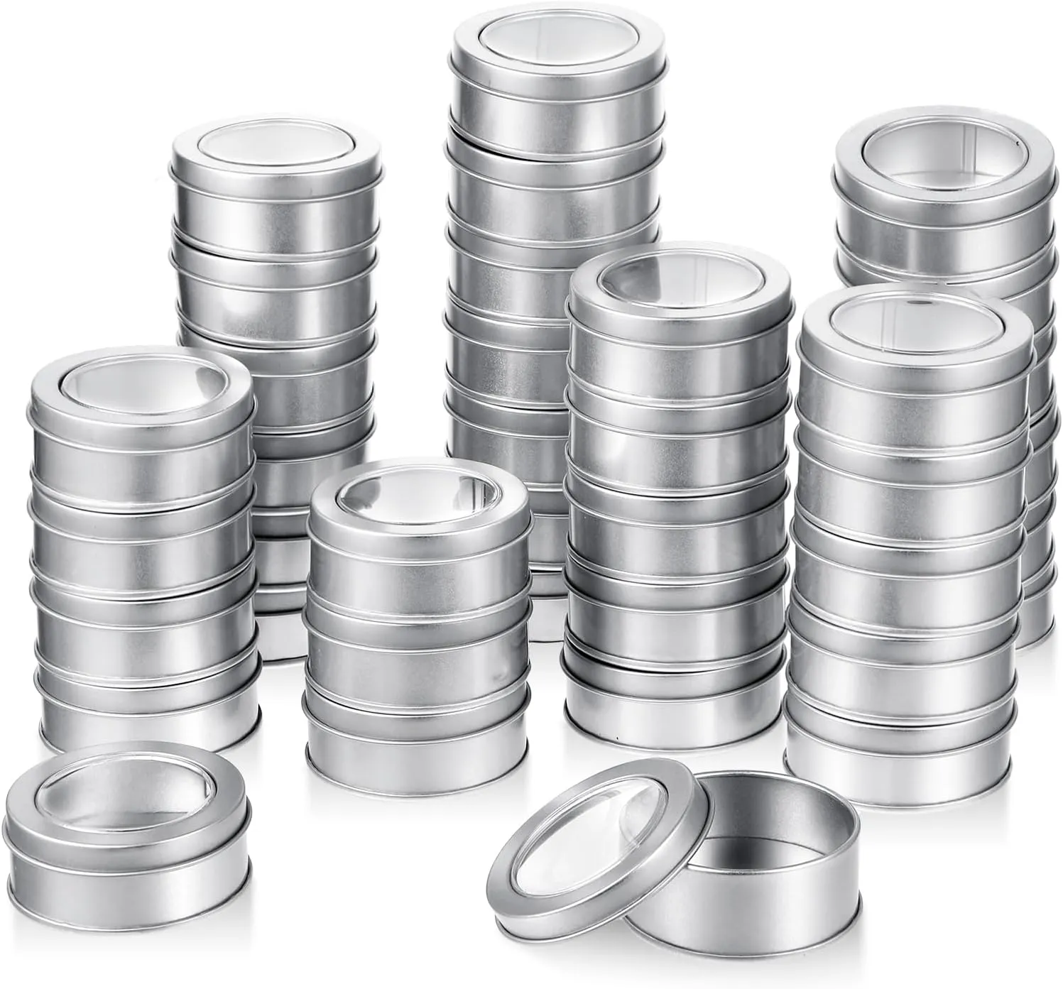 2 oz Metal Tin Cans Round Tin Containers Empty Cans with Clear Top Lid Spice for Kitchen Office Candles Candies and Gifts Holding(40 Pieces)