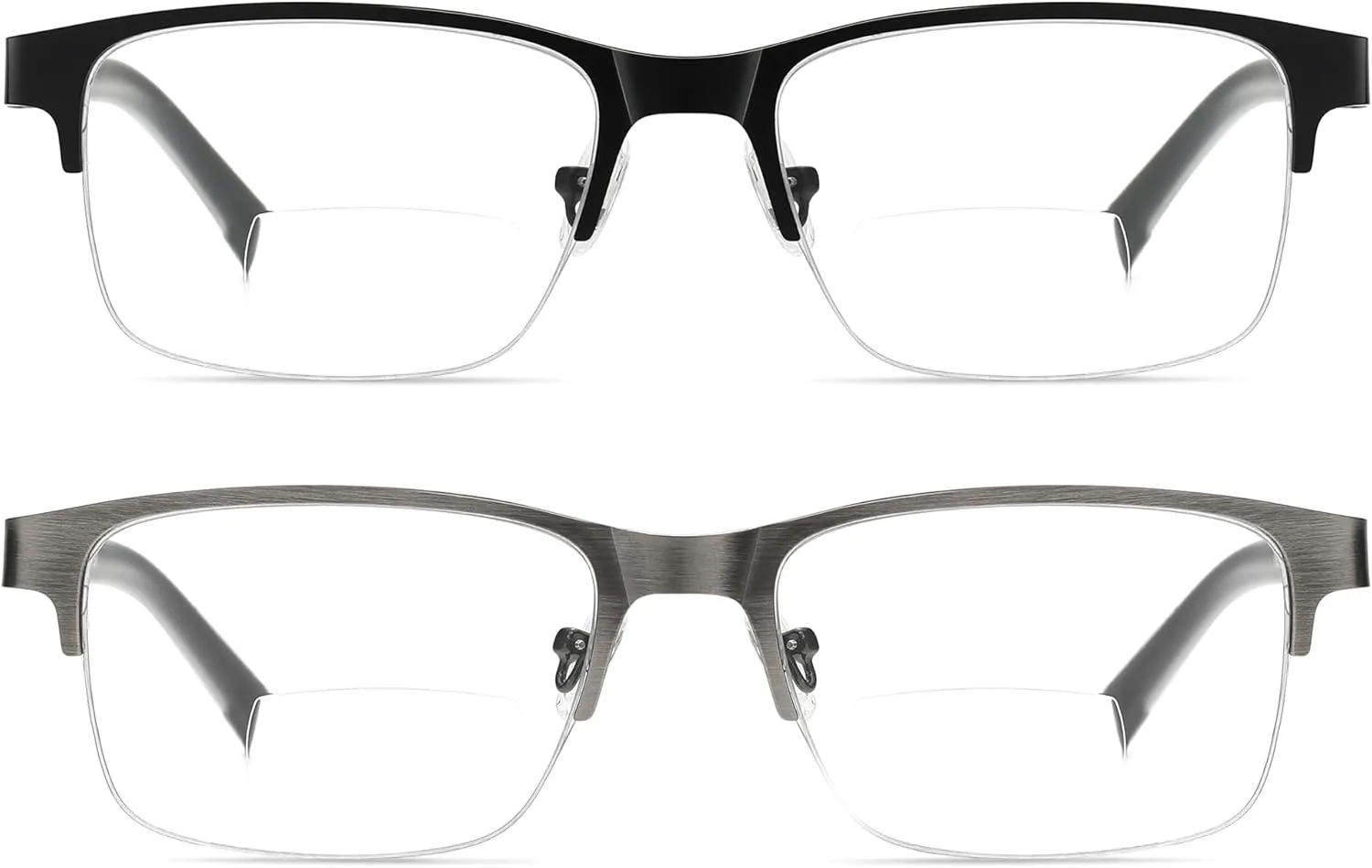 2 Pack Metal Clear On Top Bifocal Reading Glasses Men, Half Frame Spring Hinge Computer Blue Light Bifocals Readers