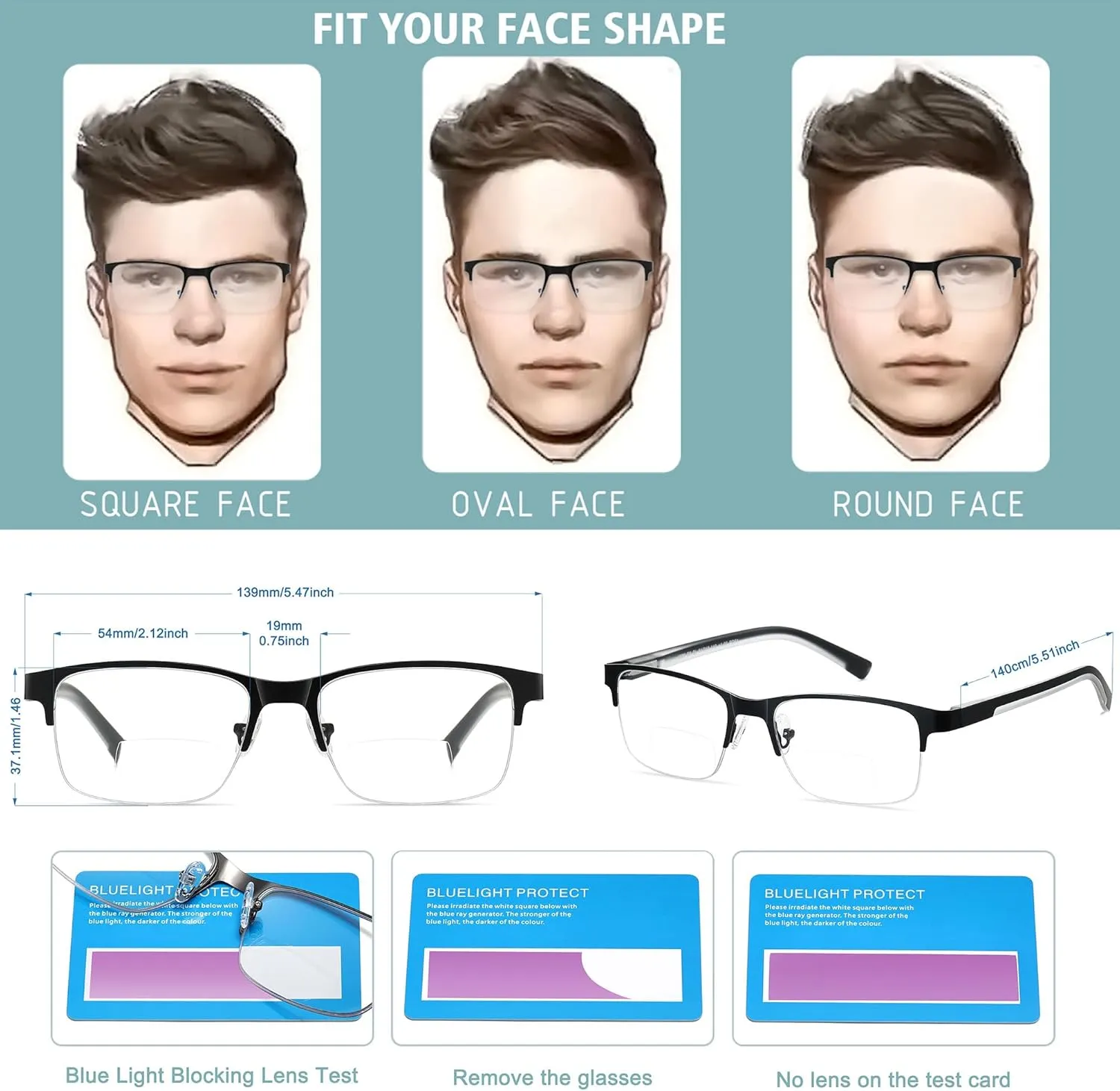 2 Pack Metal Clear On Top Bifocal Reading Glasses Men, Half Frame Spring Hinge Computer Blue Light Bifocals Readers