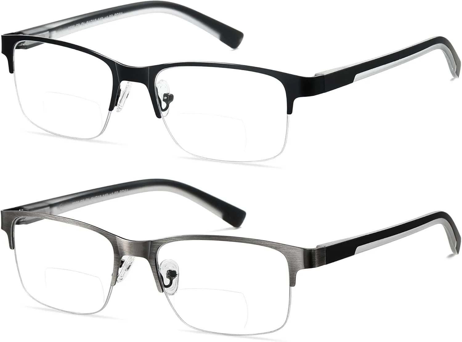 2 Pack Metal Clear On Top Bifocal Reading Glasses Men, Half Frame Spring Hinge Computer Blue Light Bifocals Readers