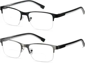 2 Pack Metal Clear On Top Bifocal Reading Glasses Men, Half Frame Spring Hinge Computer Blue Light Bifocals Readers