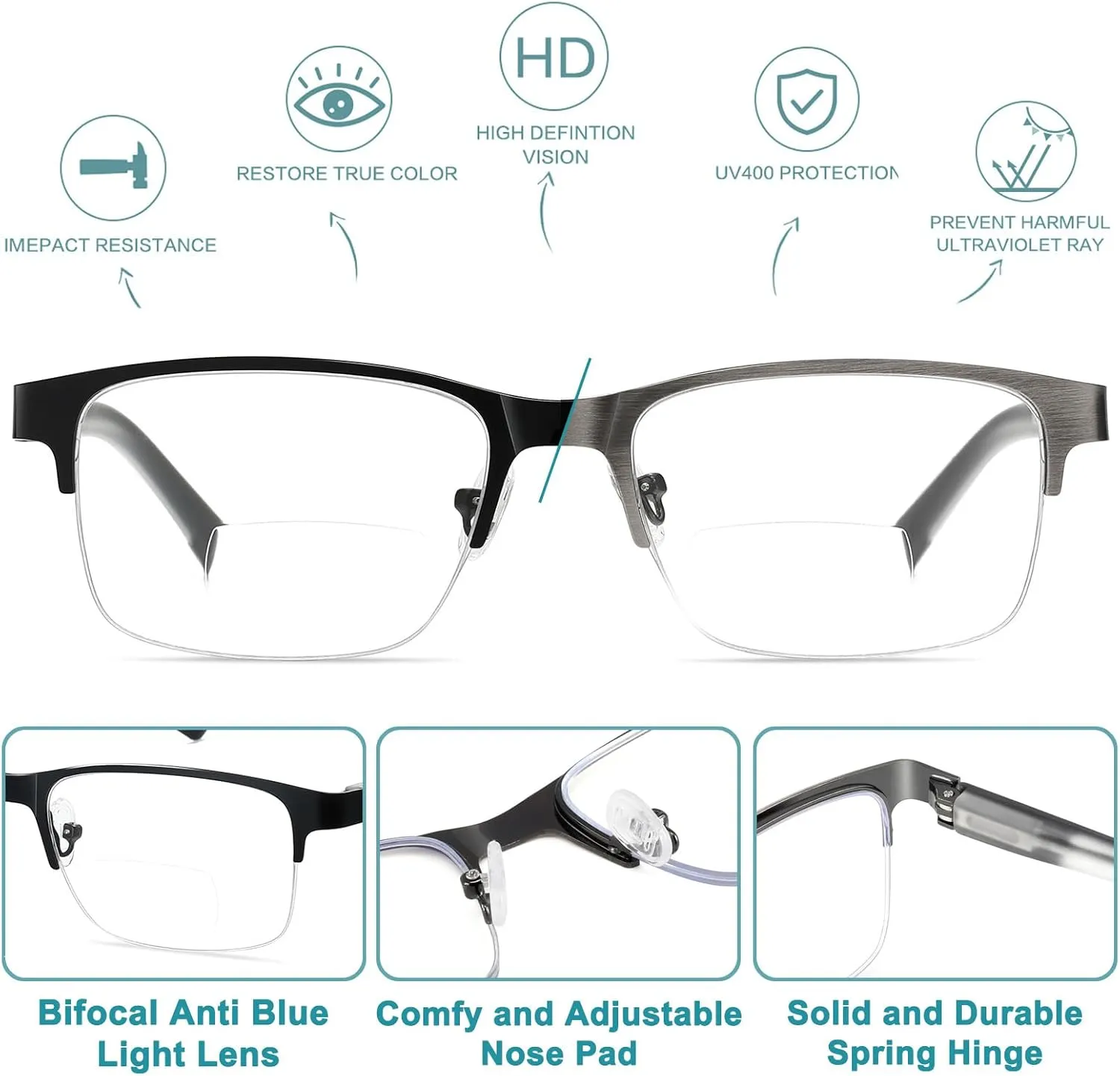2 Pack Metal Clear On Top Bifocal Reading Glasses Men, Half Frame Spring Hinge Computer Blue Light Bifocals Readers