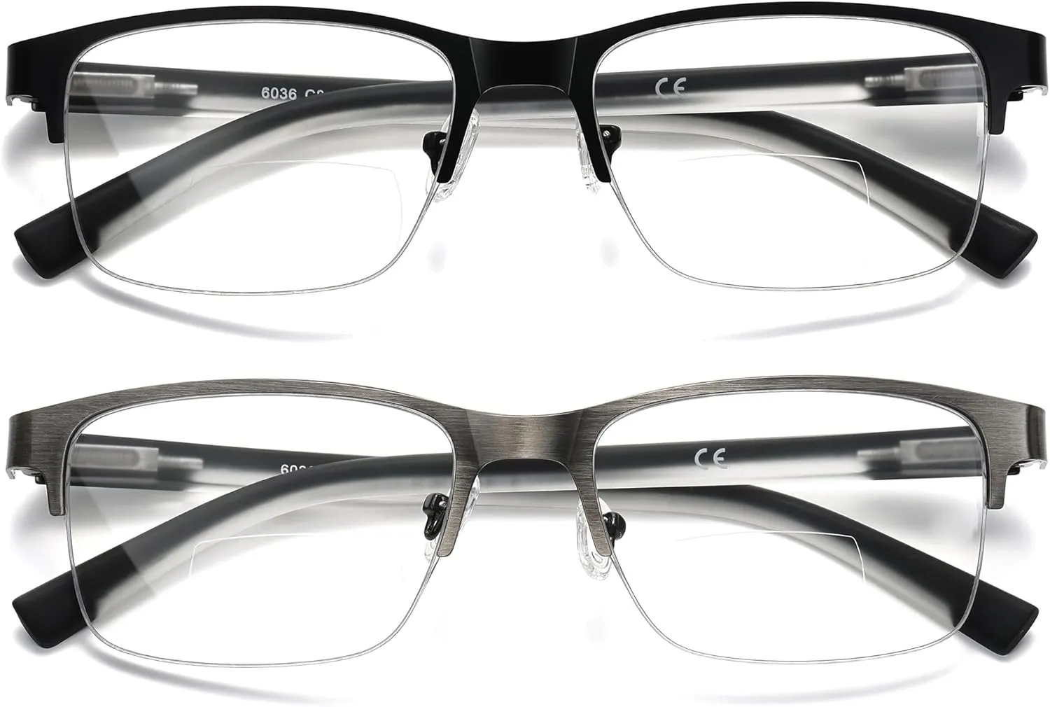 2 Pack Metal Clear On Top Bifocal Reading Glasses Men, Half Frame Spring Hinge Computer Blue Light Bifocals Readers