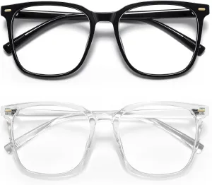 2-Pack Oversized Square Blue Light Blocking Glasses for Women Men, Anti-Fatigue Computer Monitor Gaming Glasses Reduce Eye Strain(Black Clear)