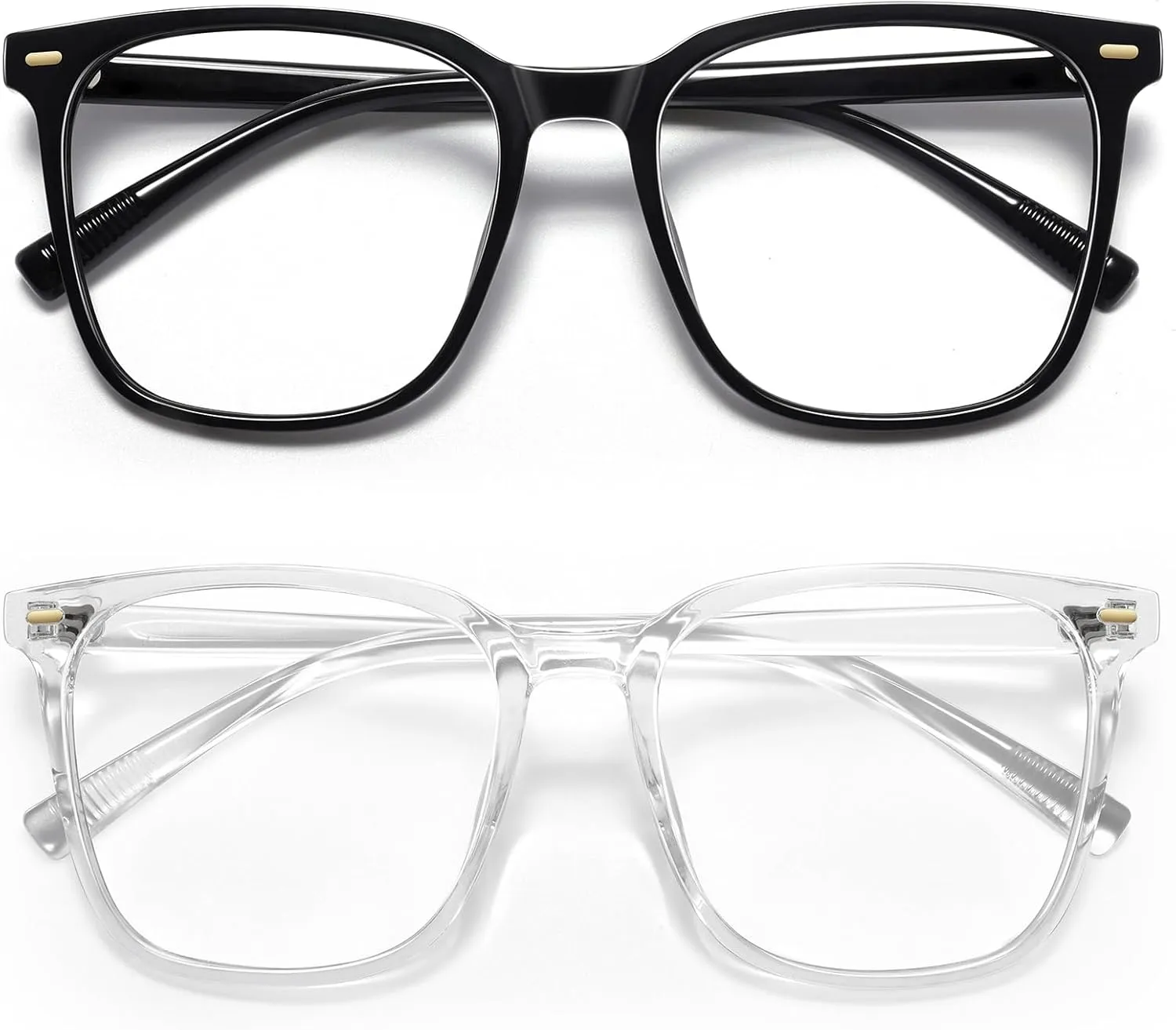 2-Pack Oversized Square Blue Light Blocking Glasses for Women Men, Anti-Fatigue Computer Monitor Gaming Glasses Reduce Eye Strain(Black Clear)