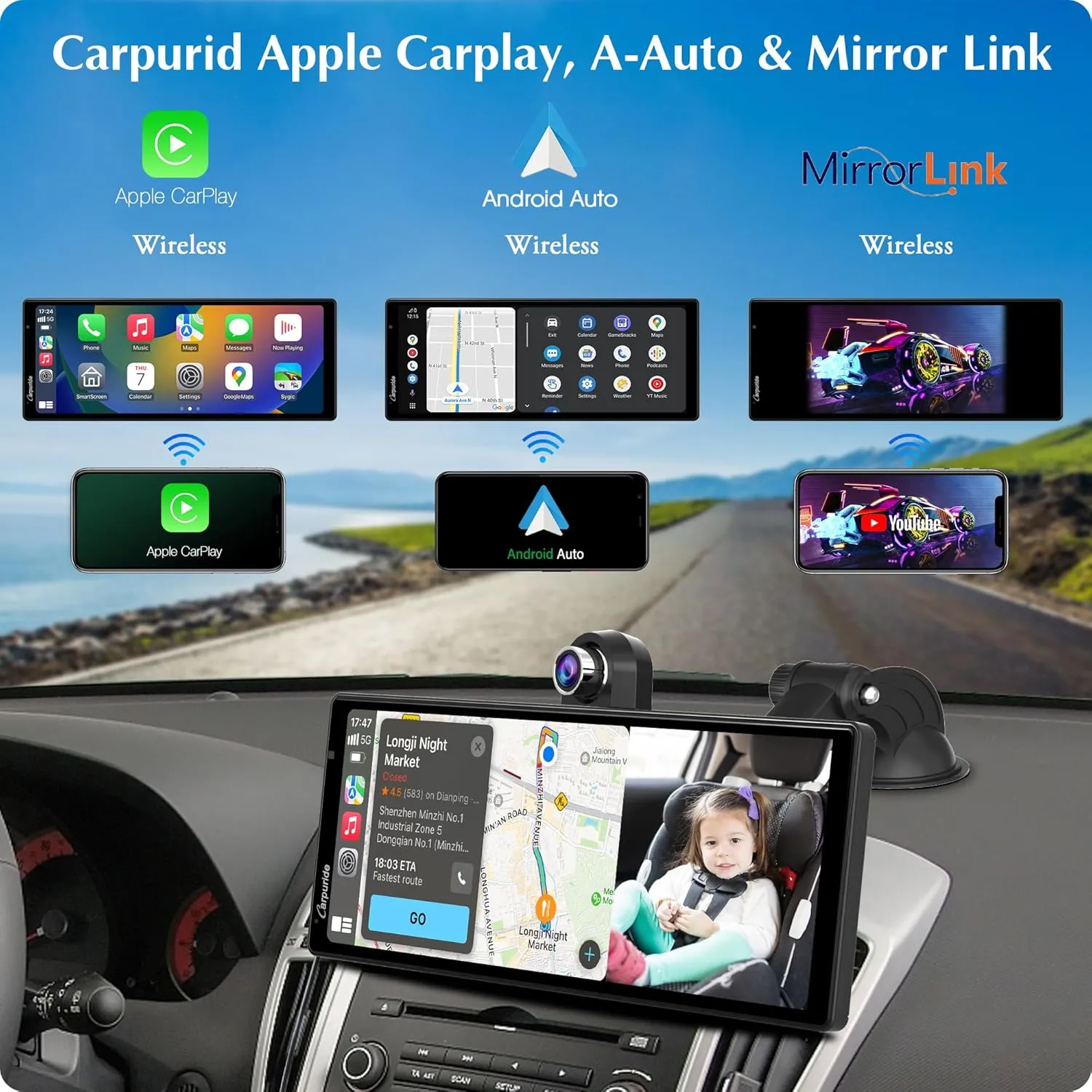 2025 Carpuride W903 Wireless Carplay & Android Auto with Dash Cam - 9.3" HD IPS Touch Car Play Screen for Car, 4K Front & 1080P Rear Camera, Loop Recording, Bluetooth Audio, Mirror Link, GPS, Siri