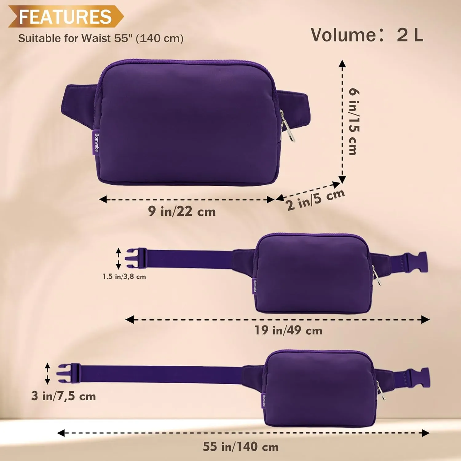2L Purple Fanny Pack for Women Men, Large Everywhere Belt Bag with Adjustable Strap 55", Fashion Waist Bag Mothers Day Gift for Wife, Crossbody Bag Water-resistant for Travel, Sports, Hiking
