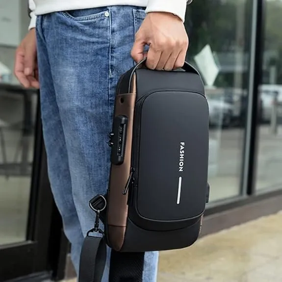 2PCS Carbon Fiber Streamline Anti-Theft Sling Bag, Carbon Fiber Streamline USB Charging Shoulder Bag