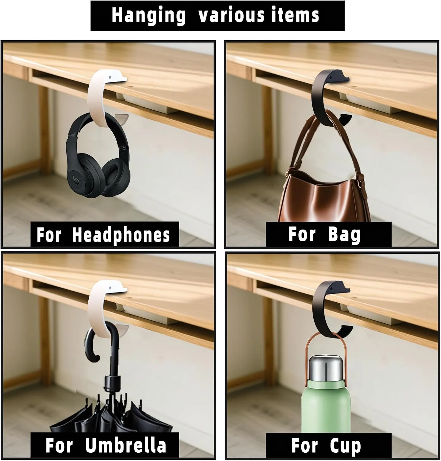 2PCS Premium Purse Hook for Table & Purse Holder for Desk - Heavy Duty Alloy Handbag Hanger, Sturdy Bracket to Hold Multiple Bags, Organizer for Dining Room, Office, Counter (Black and White)