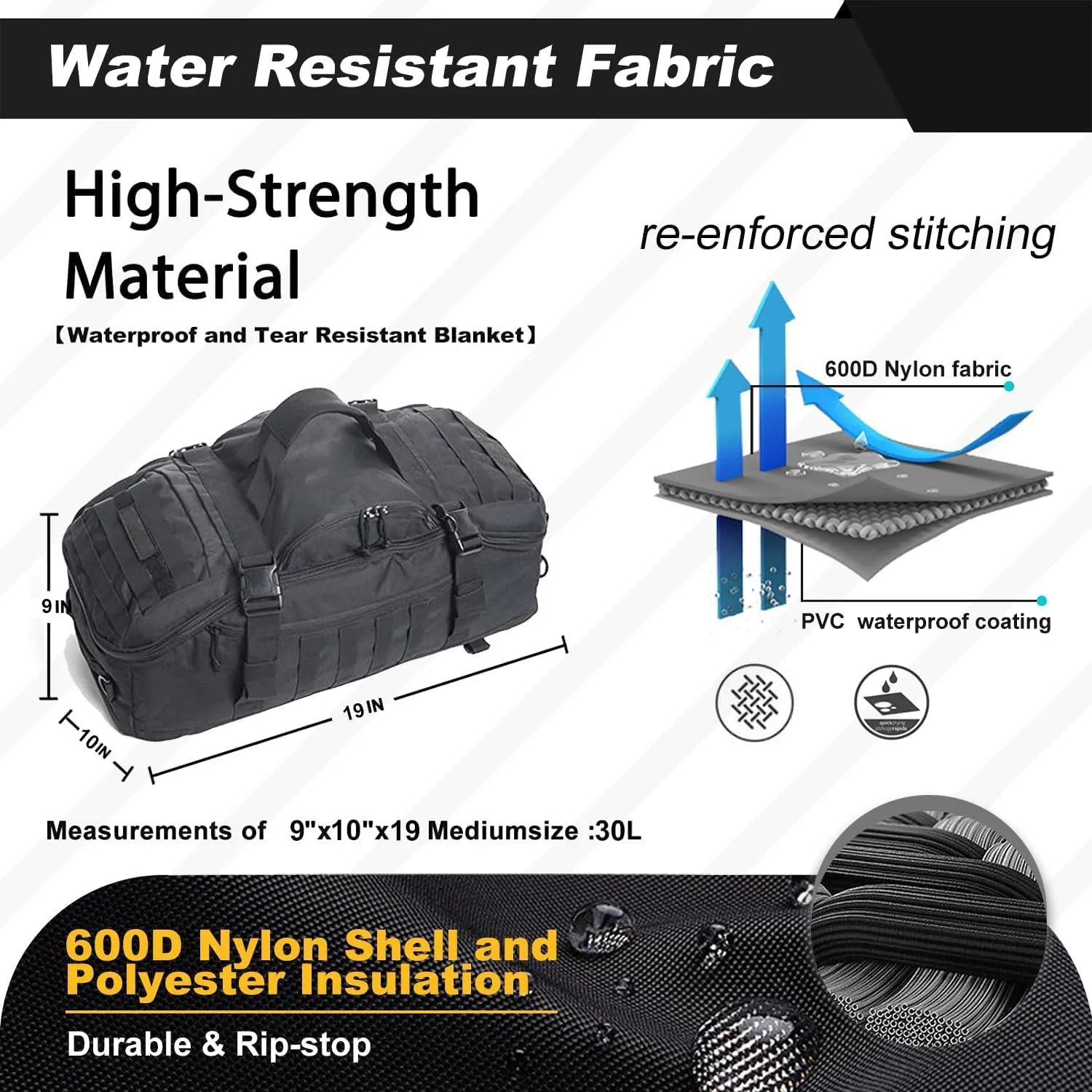 3 In 1 Tactical 30L Military Backpack Travel Duffle Bag for Weekender Gym Workout Deployment