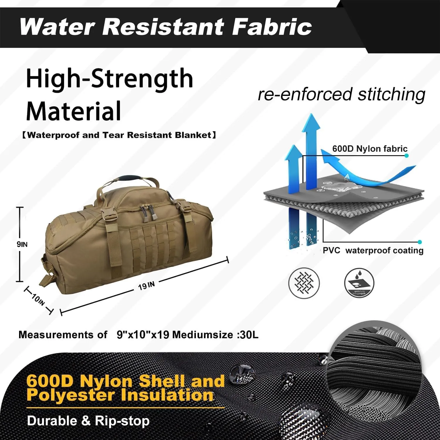 3 In 1 Tactical 30L Military Backpack Travel Duffle Bag for Weekender Gym Workout Deployment