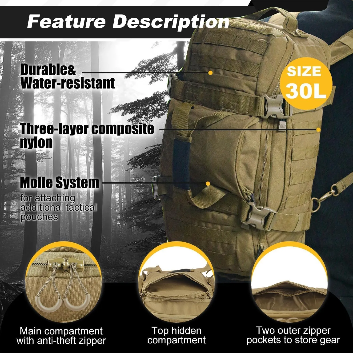 3 In 1 Tactical 30L Military Backpack Travel Duffle Bag for Weekender Gym Workout Deployment