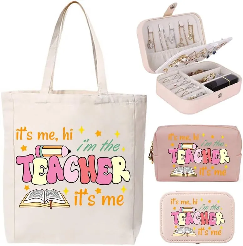 3-In-1 Teacher Canvas Tote Bag Grocery Reusable Handbags Jewelry Box and Makeup Bag Set For Teacher Gift