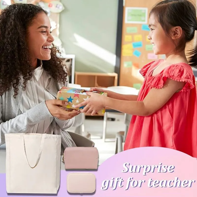 3-In-1 Teacher Canvas Tote Bag Grocery Reusable Handbags Jewelry Box and Makeup Bag Set For Teacher Gift