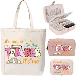 3-In-1 Teacher Canvas Tote Bag Grocery Reusable Handbags Jewelry Box and Makeup Bag Set For Teacher Gift