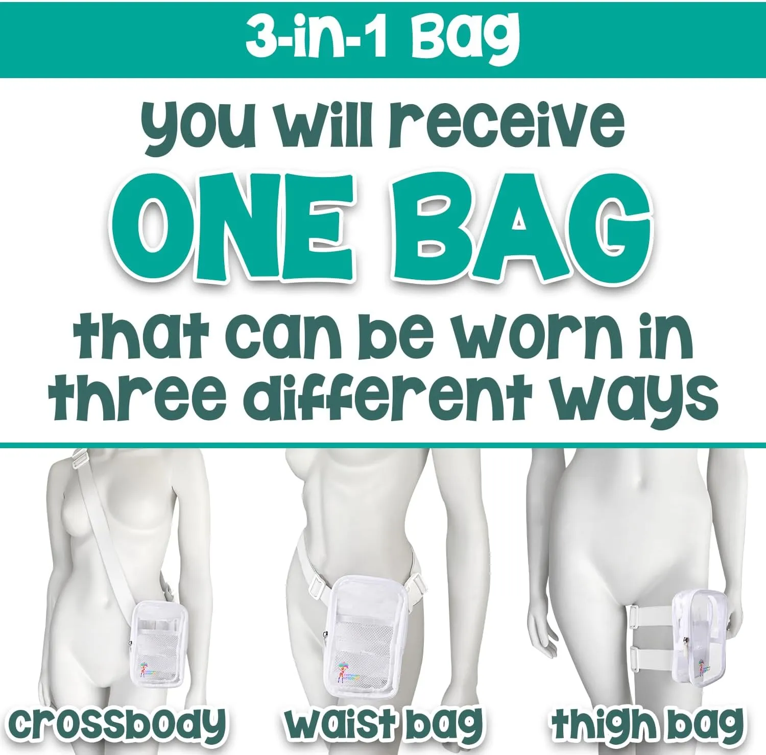 3-IN-1 Thigh Bag Fanny Pack Crossbody | Stadium Leg Harness Waist Bag | Rave Leg Pack with Buckles | Clear