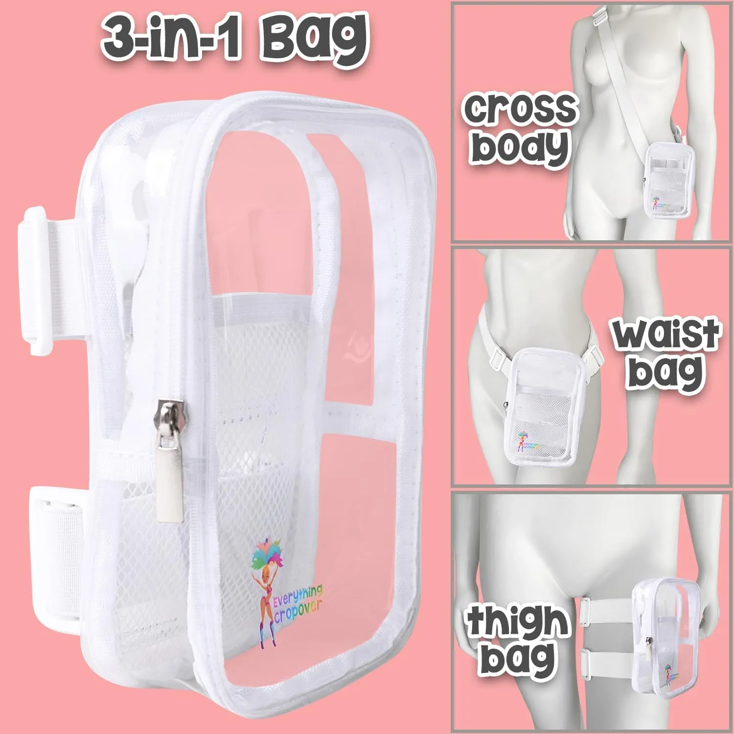 3-IN-1 Thigh Bag Fanny Pack Crossbody | Stadium Leg Harness Waist Bag | Rave Leg Pack with Buckles | Clear