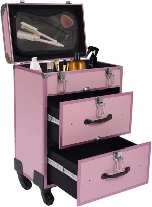 3 Layers Makeup Rolling Train Case, Professional Cosmetic Organizer Box W/ Drawers, Large Cosmetic Trolley W/ Locks, Cosmetics Storage Organizer Make up Case for Travel Makeup/Nail Art (Pink)