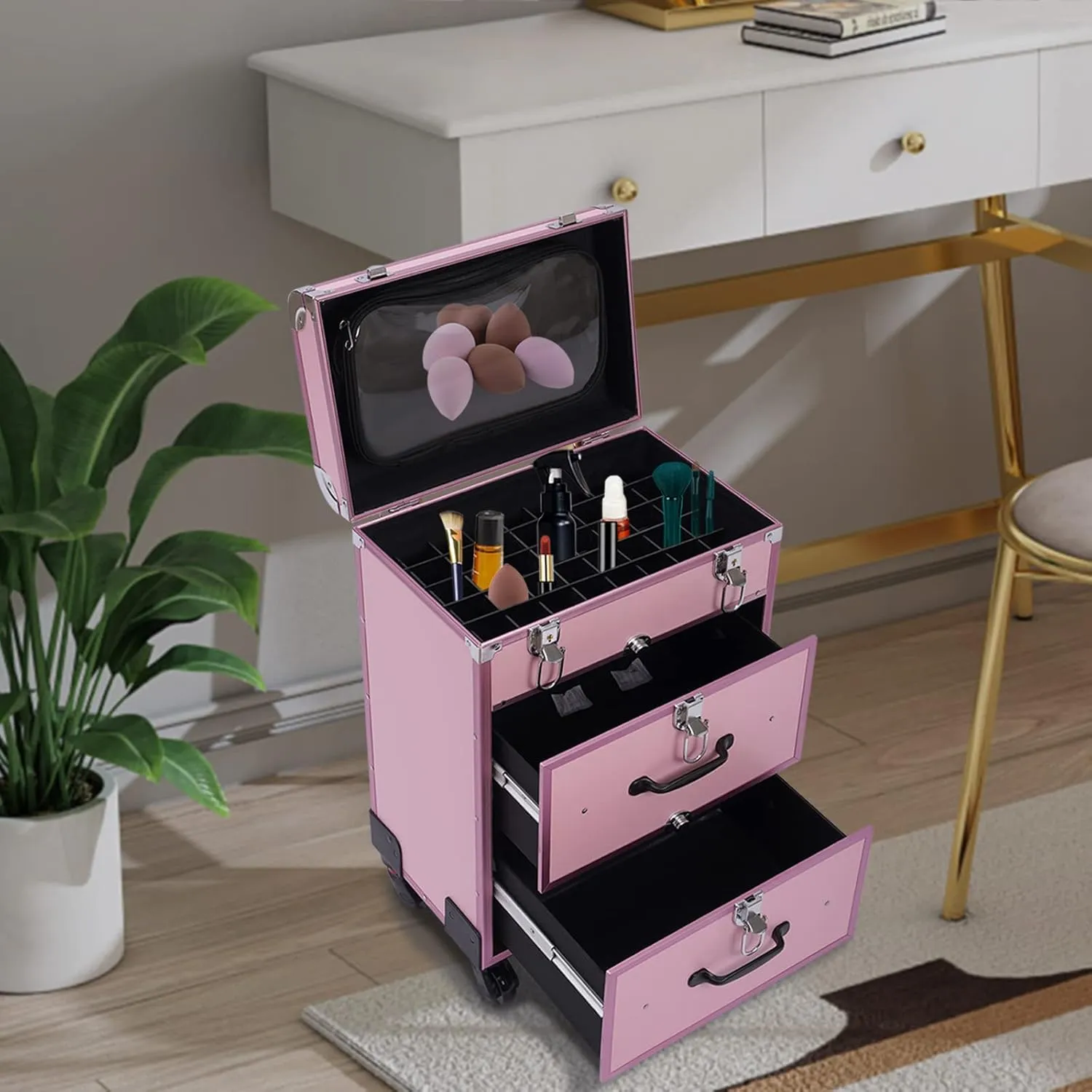 3 Layers Makeup Rolling Train Case, Professional Cosmetic Organizer Box W/ Drawers, Large Cosmetic Trolley W/ Locks, Cosmetics Storage Organizer Make up Case for Travel Makeup/Nail Art (Pink)