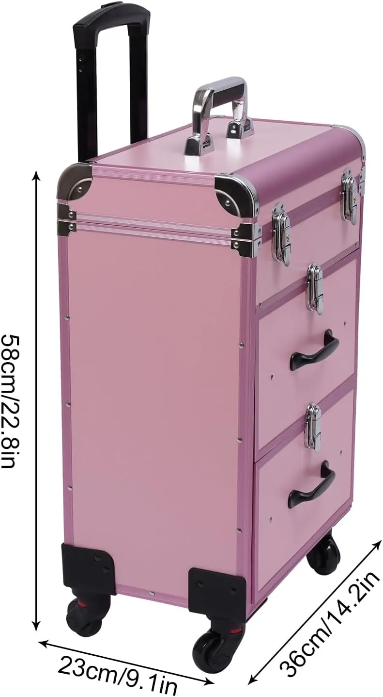 3 Layers Makeup Rolling Train Case, Professional Cosmetic Organizer Box W/ Drawers, Large Cosmetic Trolley W/ Locks, Cosmetics Storage Organizer Make up Case for Travel Makeup/Nail Art (Pink)