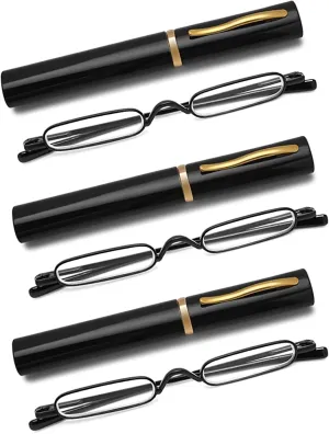 3 Pack Mini Slim Pen Reading Glasses - Compact Readers with Pen Clip Case Spring Hinge Metal Frame Eyeglasses (Black,  1.75)