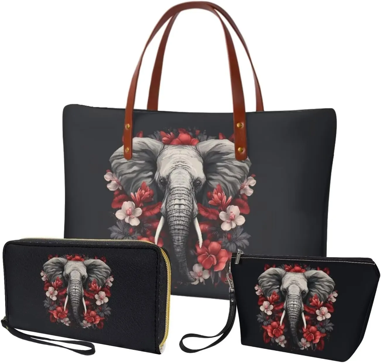 3 PCS Top Handle Tote Shoulder Bag for Women, Large Casual Handbag with Matching Wallet Cosmetic Case