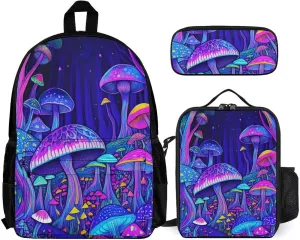 3 Piece Rucksack Sets, Magic Mushrooms Fairytale Mushrooms Scenery Psychedelic Art Bookbag Lunch Bag Pencil Case, Daypack Backpack, Travel Hiking & Camping Rucksack, Laptop Backpack