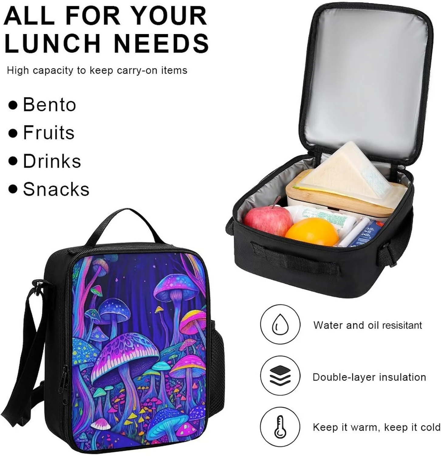 3 Piece Rucksack Sets, Magic Mushrooms Fairytale Mushrooms Scenery Psychedelic Art Bookbag Lunch Bag Pencil Case, Daypack Backpack, Travel Hiking & Camping Rucksack, Laptop Backpack