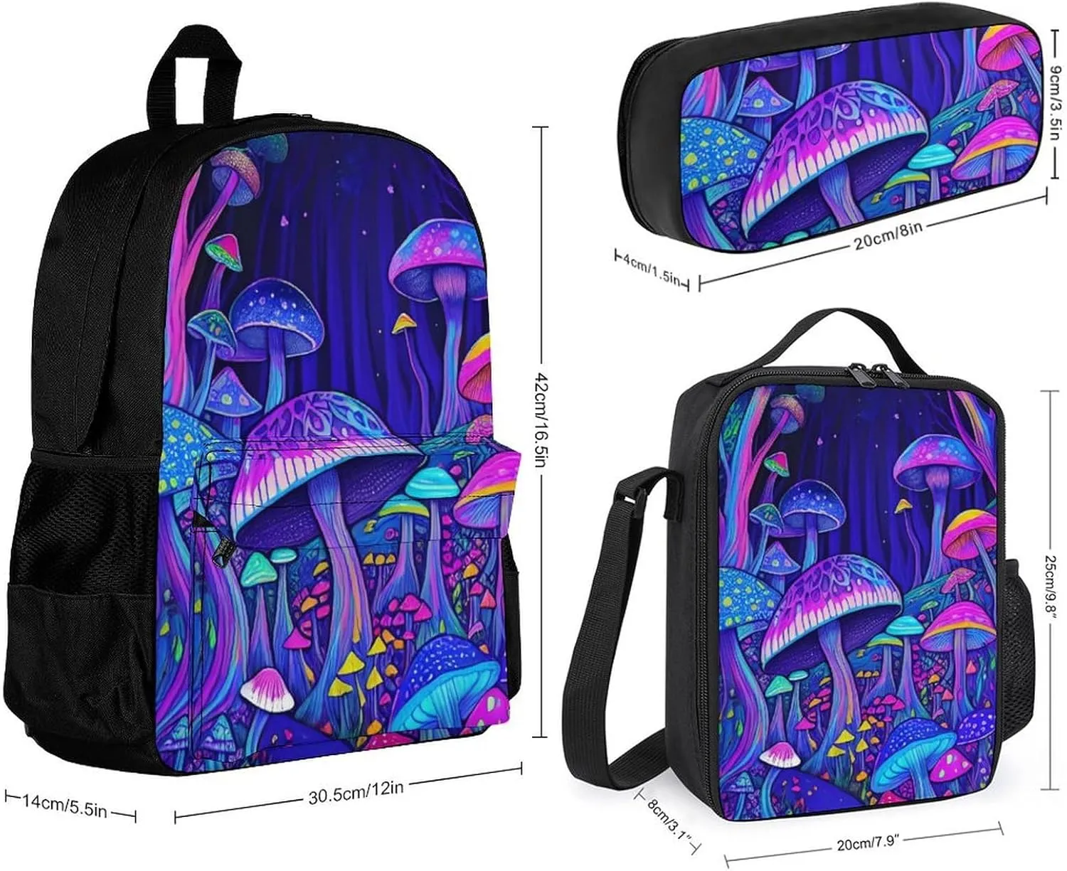 3 Piece Rucksack Sets, Magic Mushrooms Fairytale Mushrooms Scenery Psychedelic Art Bookbag Lunch Bag Pencil Case, Daypack Backpack, Travel Hiking & Camping Rucksack, Laptop Backpack