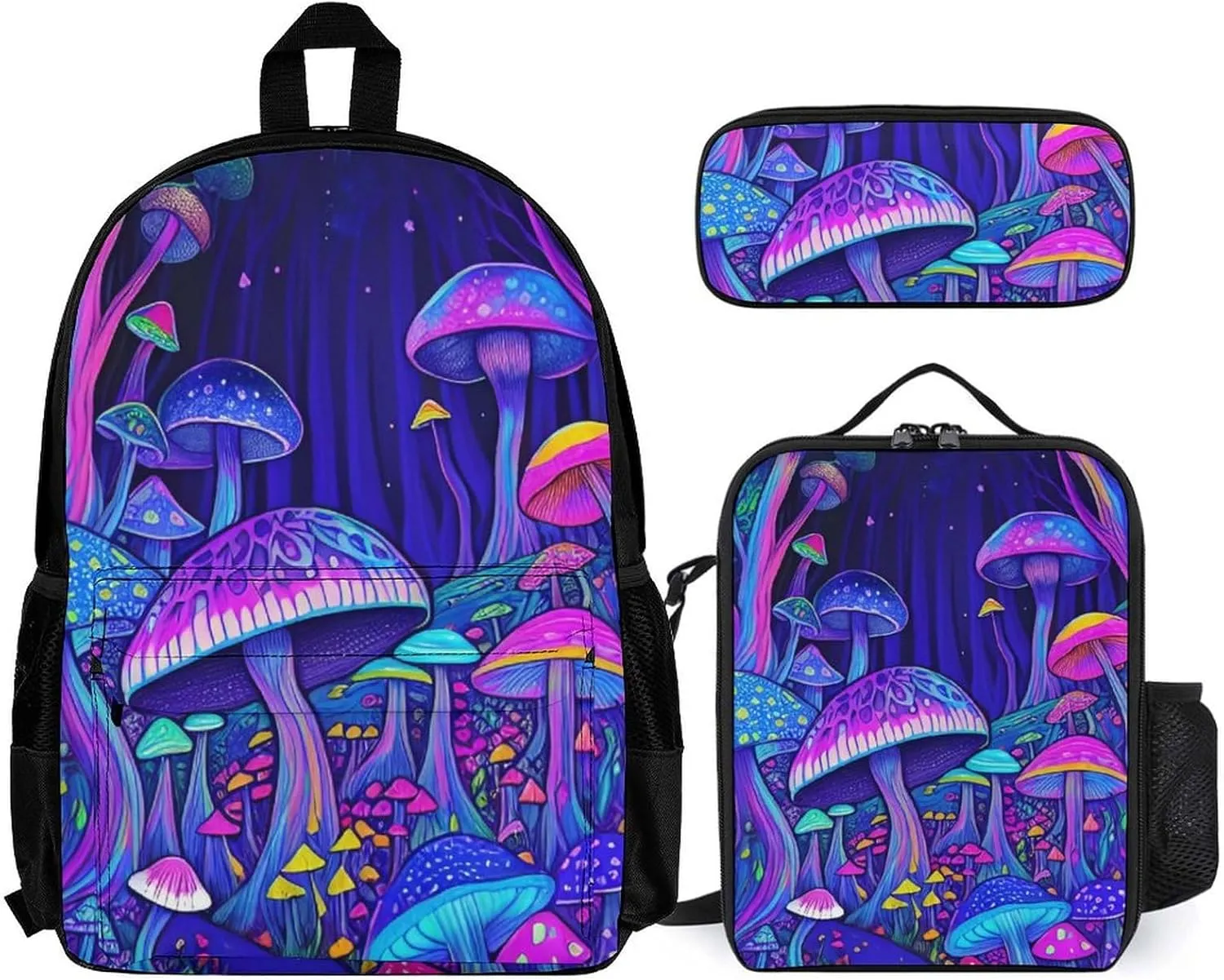 3 Piece Rucksack Sets, Magic Mushrooms Fairytale Mushrooms Scenery Psychedelic Art Bookbag Lunch Bag Pencil Case, Daypack Backpack, Travel Hiking & Camping Rucksack, Laptop Backpack