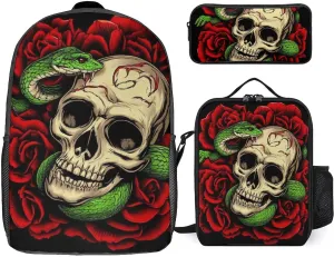3-Pieces Backpack Skull Red Rose Florals Snake Art (1) Backpack Purse for Women Rucksack for Ladies Shoulder Bag