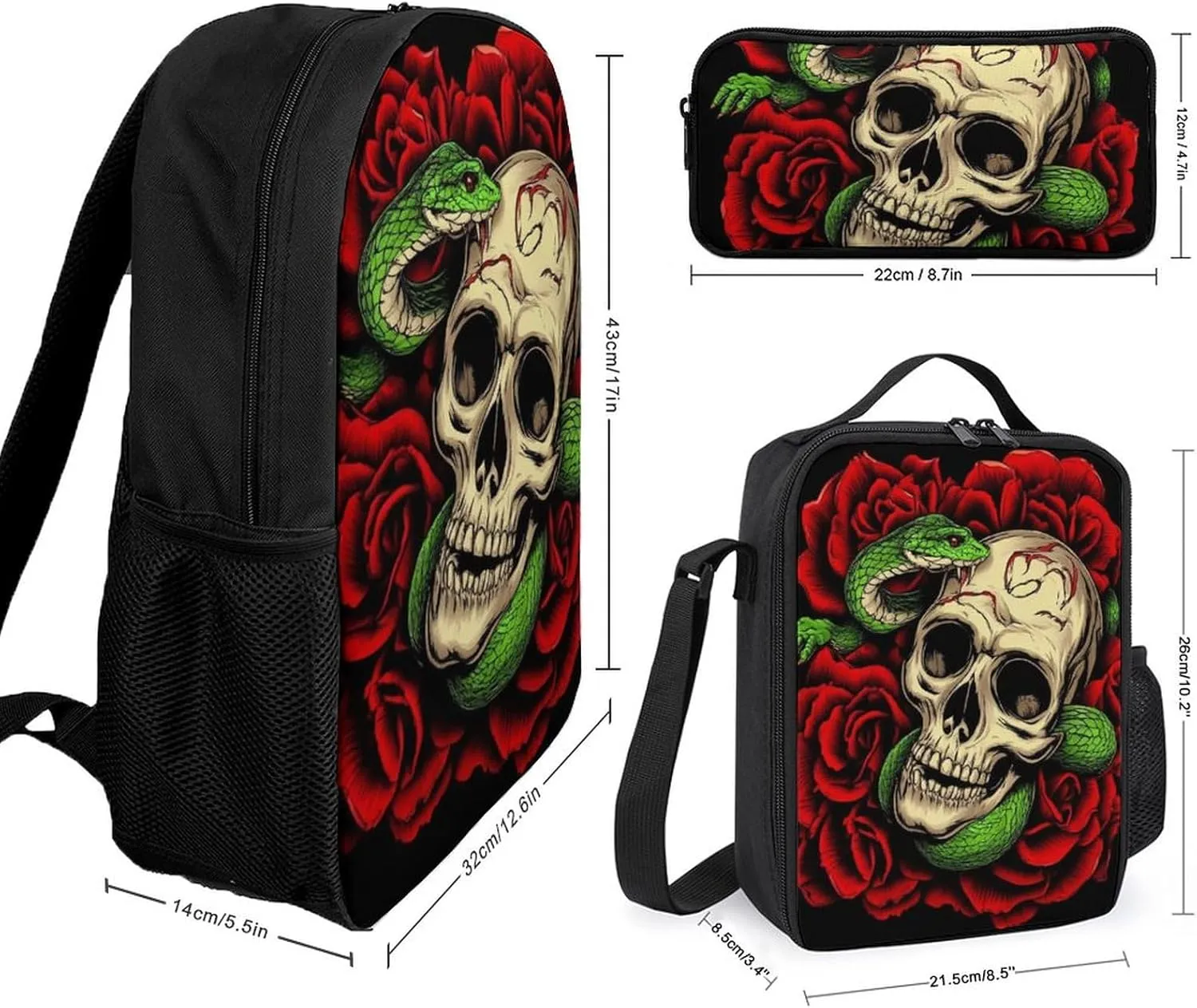 3-Pieces Backpack Skull Red Rose Florals Snake Art (1) Backpack Purse for Women Rucksack for Ladies Shoulder Bag